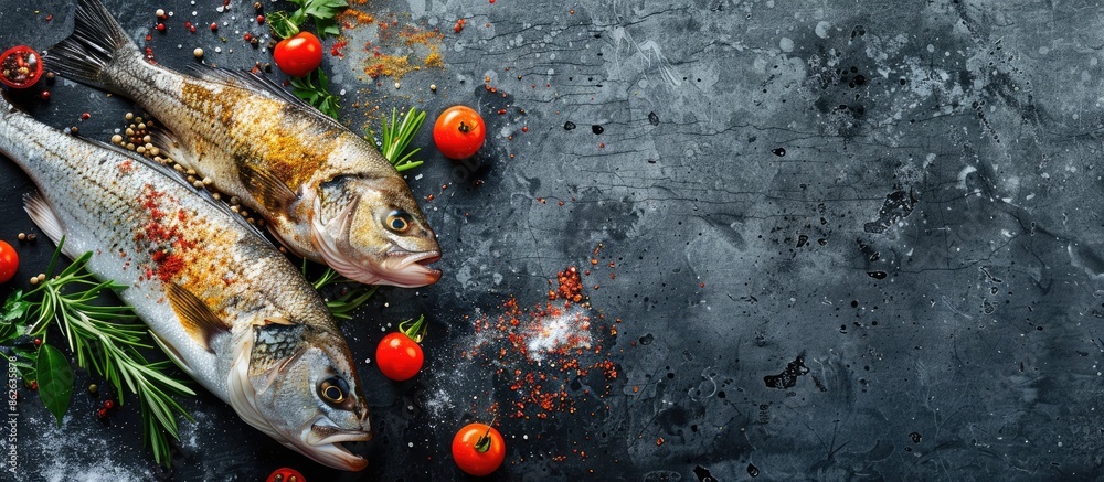 Poster sea bass fish garnished with spices on a dark concrete backdrop with a spacious area for adding text