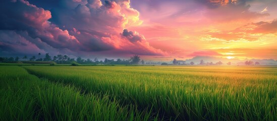 Fototapeta premium A green rice field under the colorful evening sky with ample empty space in the image.