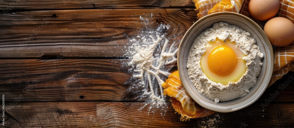 Poster Rustic setting in a bakery with egg yolk and flour mixture on a wooden table. Top view adds to the charm of the copy space image.