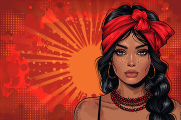 A woman with a red bandana on her head is the main focus of the image. The background is a red and orange color scheme, which gives the image a bold and vibrant feel