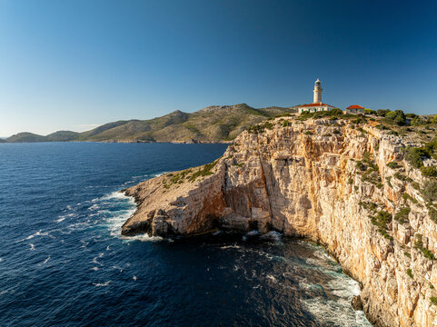 Aerial view of Lastovo island with lighthouse and cliff, Dubrovnik-Neretva, Croatia.