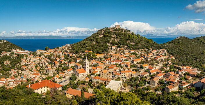 Aerial view of Lastovo town panorama, Dubrovnik-Neretva, Croatia.