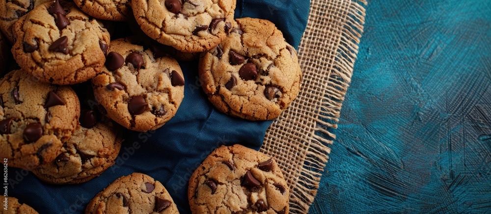 Aufkleber A bunch of chocolate chip cookies on burlap and vibrant blue textures, ideal for adding text in the vacant area in the image. Copy space image. Place for adding text and design