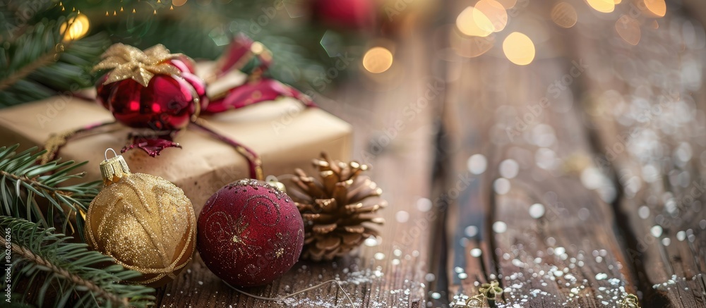 Aufkleber christmas ornaments on a wooden table with a golden gift box, creating a festive background with cop