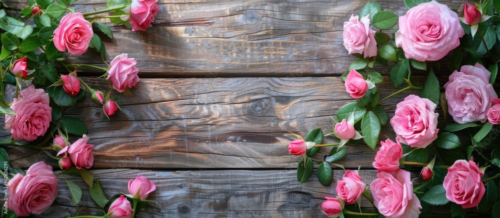 Aufkleber Pink roses arranged beautifully on a wooden backdrop with space for text or graphics in the image. Copy space image. Place for adding text and design