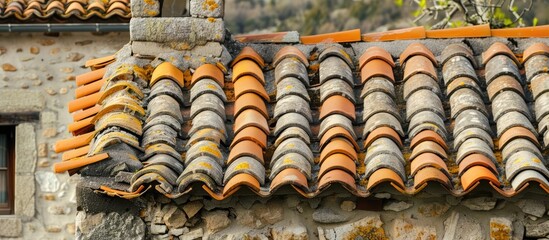 Stone walls detail with orange tiles on the roof, featuring copy space image.