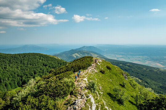 Aerial view of Ucka Mountain with hikers on trail, Croatia.