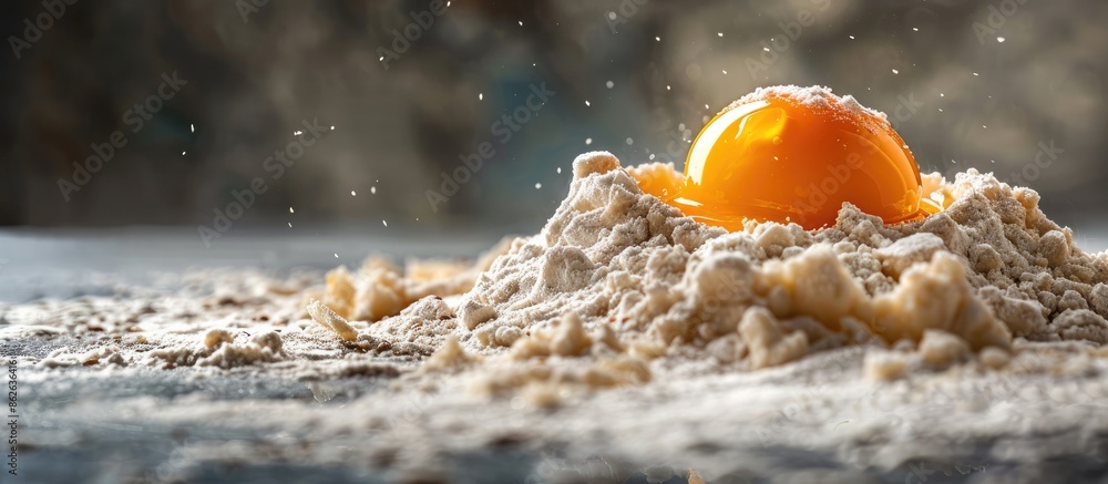 Poster a vibrant image of a chicken egg coated in flour, showcasing the rich hues of the yolk and wheat flo