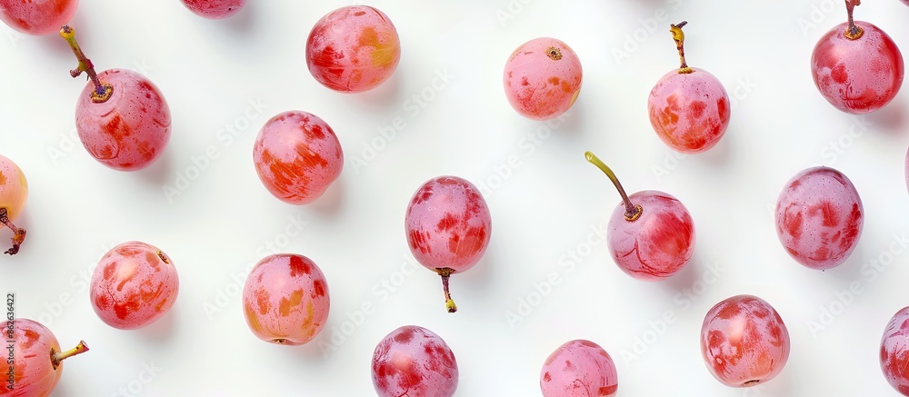 Poster Pink grapes isolated on a white background with ample copy space image for text. View from above in a flat lay pattern.