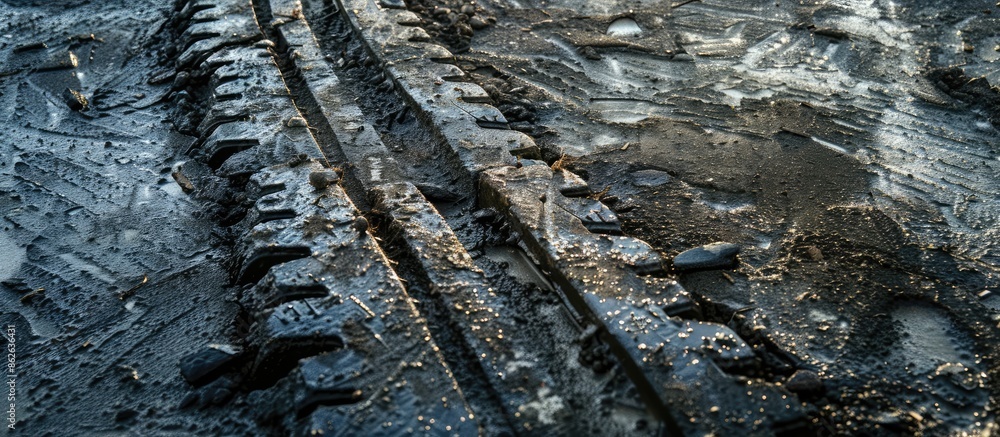 Aufkleber A black tire track is visible on the grime-covered concrete surface, leaving a trail of sudden braking. (104 characters, including spaces). Copy space image. Place for adding text and design