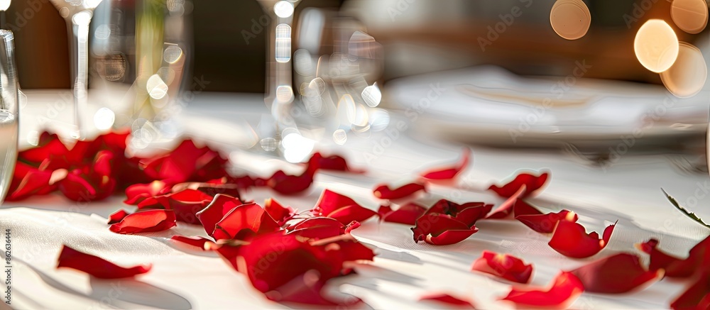 Aufkleber Romantic dinner table setting with rose petals on white table, featuring a closeup view with copy space image.