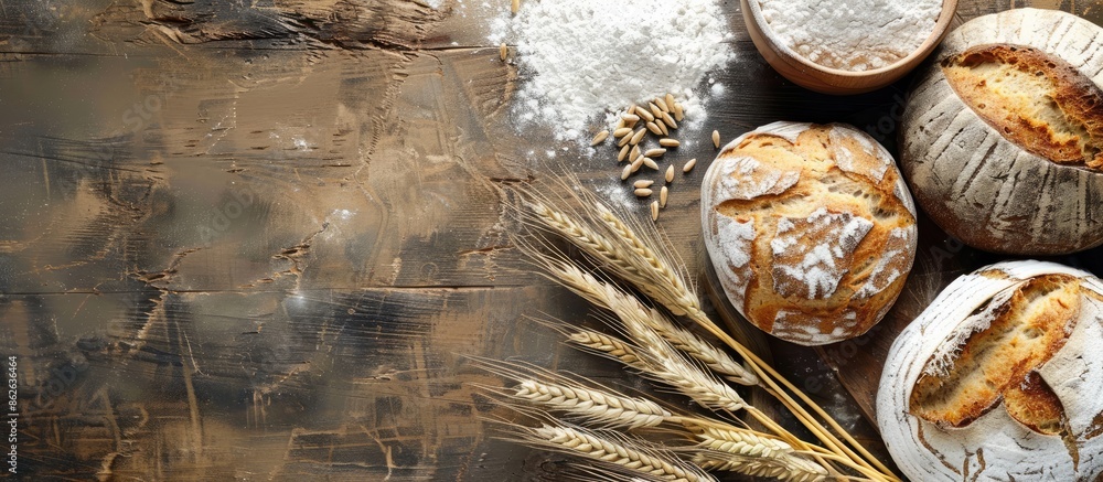 Aufkleber Wooden table with rustic bread, wheat ears, and white flour, all set up for display with a spacious copy space image.