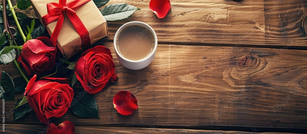 Poster valentine's day concept featuring a close-up of red roses and a gift box next to a coffee cup on a w