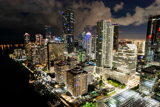Aerial view of illuminated Miami skyline at night, Florida, United States.