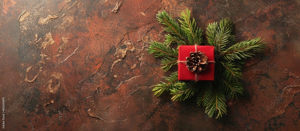 Aufkleber Red Christmas present and green fir branches arranged on a rustic background, ideal for a top view flat lay photograph with space for text or other images. Copy space image
