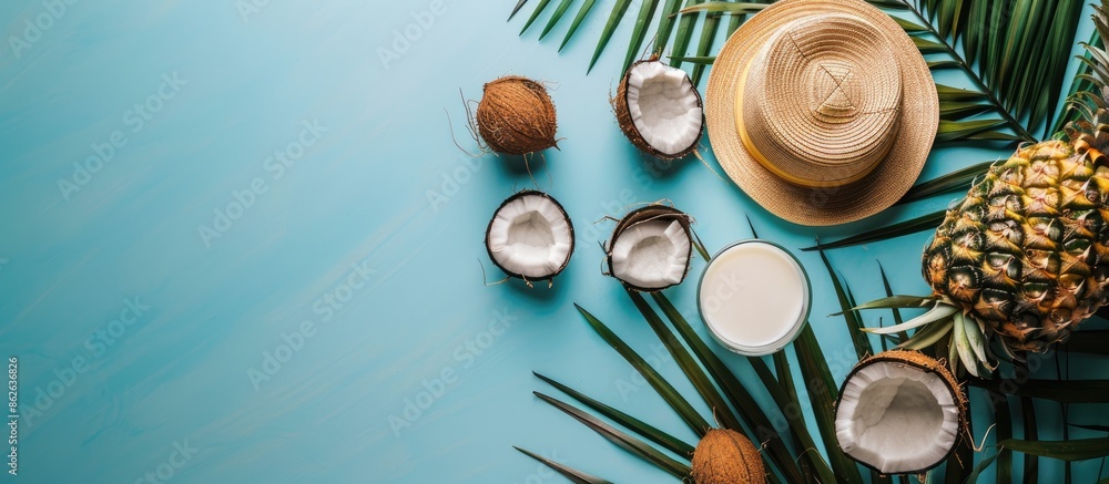 Aufkleber top view of a tropical setup featuring a ripe pineapple, cracked coconut with milk and a hat on a fl