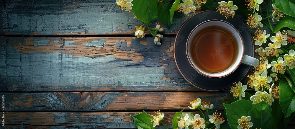 Poster flat lay composition featuring a cup of tea surrounded by linden blossoms on a wooden table, with am