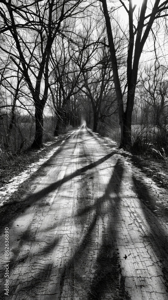 Aufkleber the faint outlines of tree branches cast a web of shadows across the deserted path. black and white 