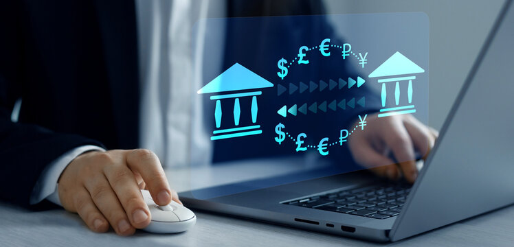 Online banking operations and interbank digital payment.Money transfers from different currencies internationally and currency exchange global.