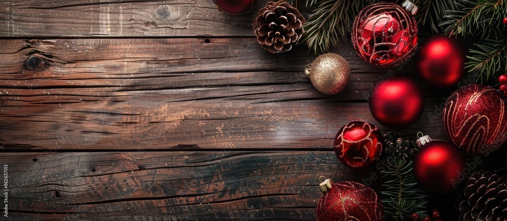 Poster top-down view of christmas ornaments on a wooden backdrop with copy space image.