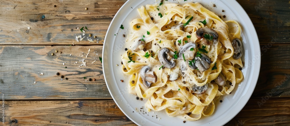 Poster a delectable plate of pasta smothered in mushroom sauce displayed on a rustic wooden surface. ample 