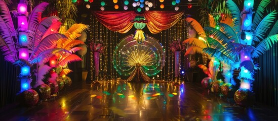 Fototapeta premium Vibrant decorations suitable for a birthday, party, festival, or carnival event, with a colorful and festive ambiance, perfect for a celebration. Copy space image. Place for adding text and design