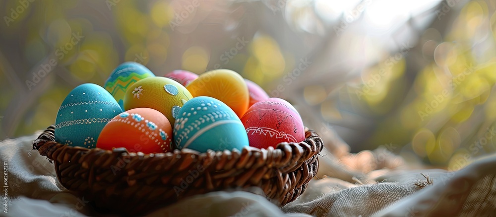 Fototapete Colorful Easter eggs in a basket on fabric with room for text in the image. Copy space image. Place for adding text and design