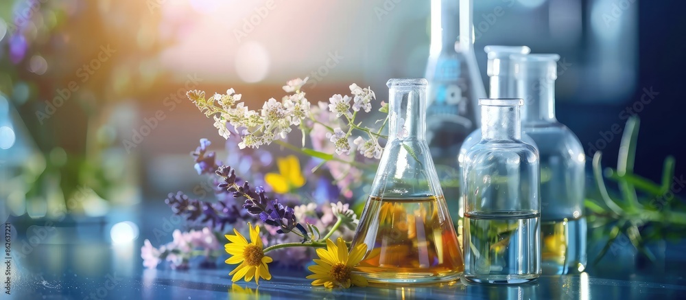 Poster Extracting essential oils from flowers using laboratory glassware placed next to a flask as the focus, ideal for perfumery and cosmetics with copy space image.