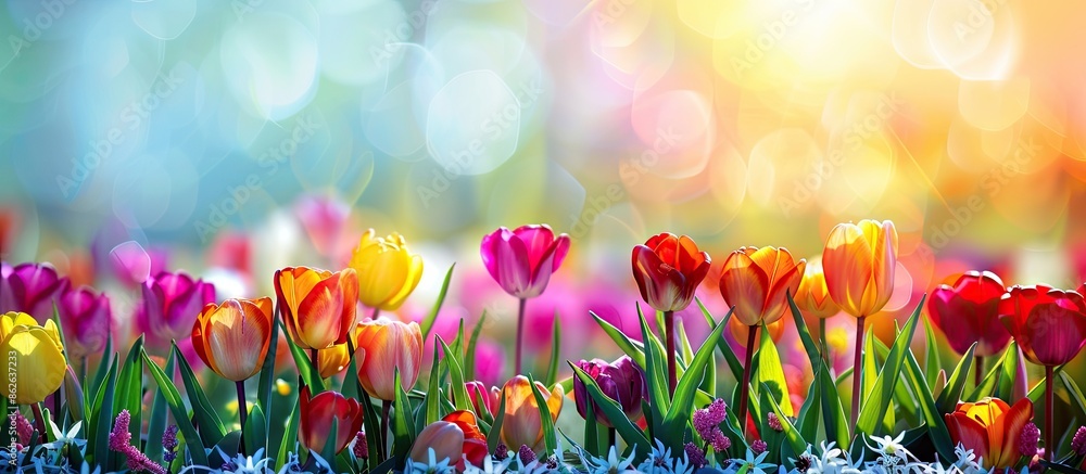 Poster spring-themed greeting card featuring a colorful flower-filled background, ideal for conveying the j