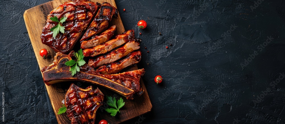 Poster top view of sliced bbq pork chop or t-bone steak on a wooden board against a dark background, suitab