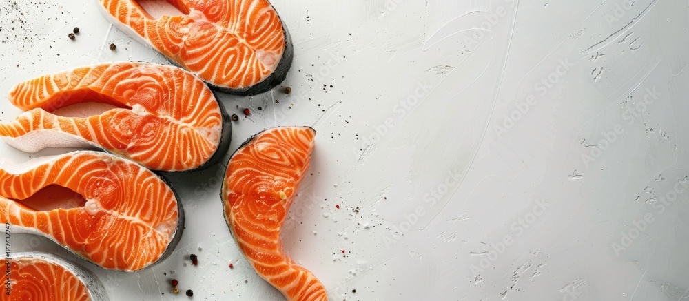 Poster sliced salmon steaks on a plain white backdrop, ready for cooking with copy space image.