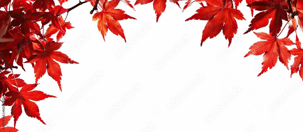 Poster autumn scene with vibrant red maple leaves against a blank backdrop for copy space image.