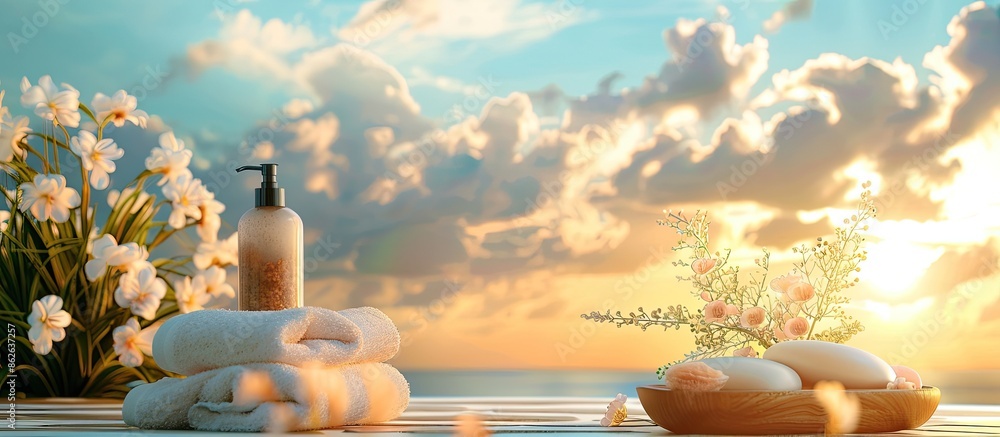 Poster massage therapy objects set up at a spa with a serene background featuring a sky filled with clouds 