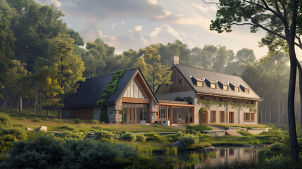 Modern residential house surrounded by nature, contemporary rural home