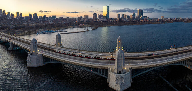 Aerial view of Longfellow bridge over river in sunset, Cambridge, Massachusetts, United States.