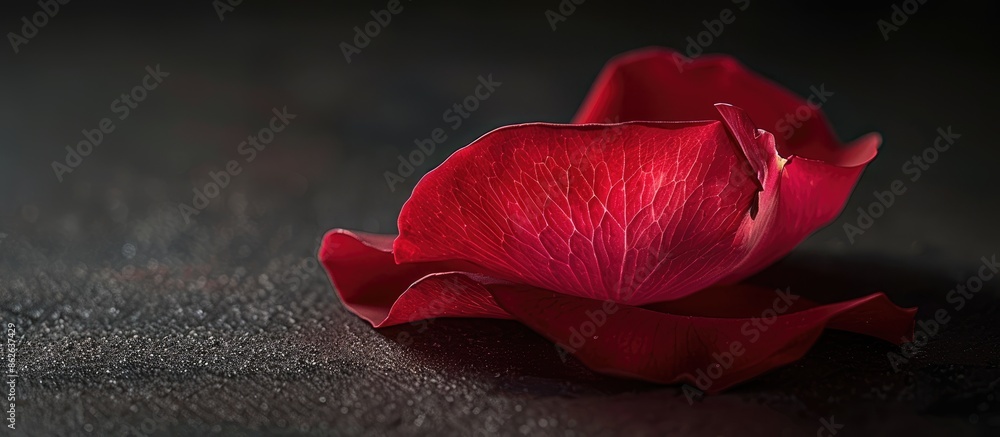 Aufkleber Macro isolated red rose petal on a black background in a still life close-up with detailed texture, highlighting a single blossom with a front view, providing copy space image.