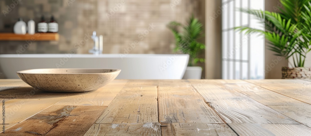 Poster Table with no items placed for showcasing products with background of blurry bathroom, allowing for copy space image.