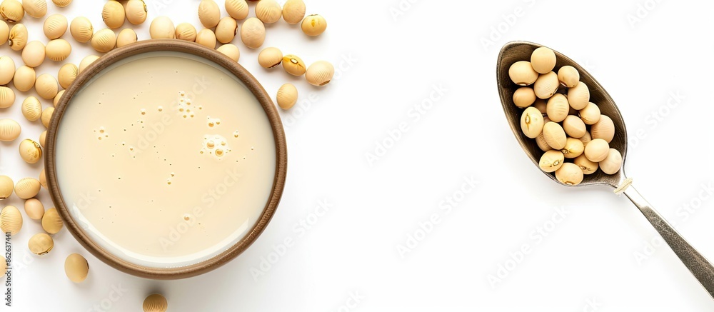 Aufkleber Soy milk in a spoon with soybean, isolated on white background, allowing for text with copy space image.