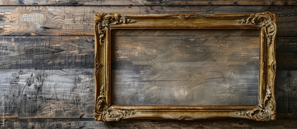 Poster Wooden antique frame displayed on a wooden background with copy space image available.