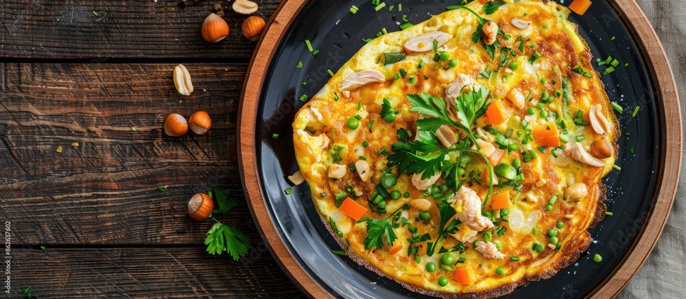 Poster A top-down view of a chicken and vegetable omelet with nuts, set against a wooden backdrop, with ample space for additional content or text.