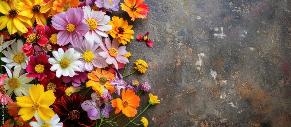 Leinwandbilder colorful garden flowers displayed on a stone table background, providing a backdrop with ample copy 