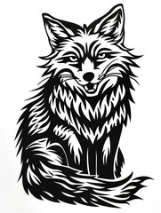A black and white drawing of a fox with a smile on its face