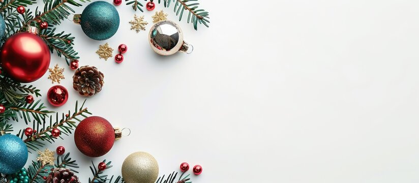 Festive Christmas background featuring ornaments and baubles against a clean white backdrop, with a blank area for additional text or graphics; copy space image.