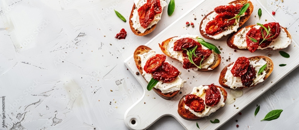 Poster a platter featuring sun-dried tomatoes and cream cheese on toast, displayed on a white board against