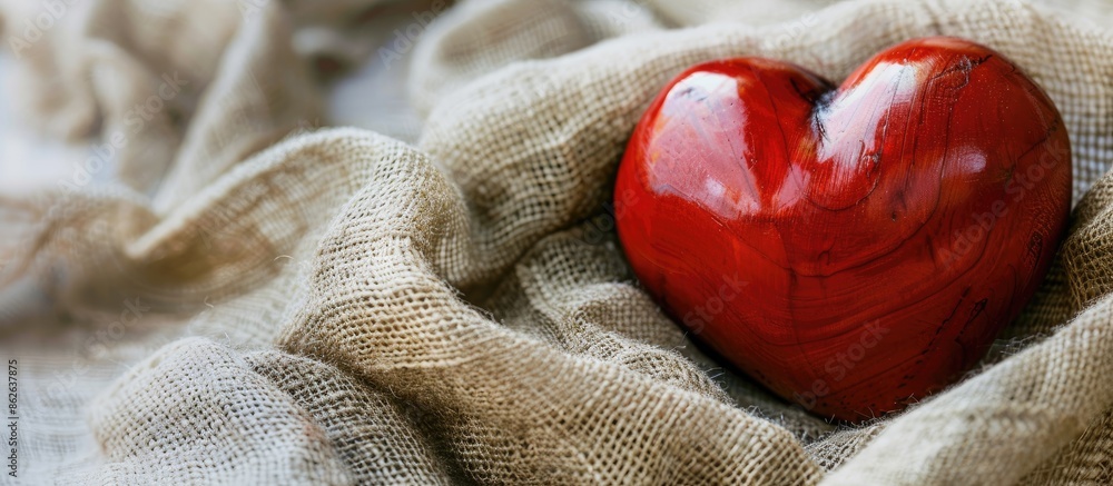 Leinwandbilder A red heart-shaped object is shown on a piece of fabric with a lot of space around it for additional content in the image.