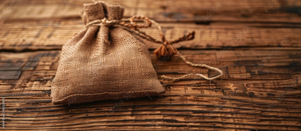 Aufkleber Wooden table as a backdrop for a drawstring pouch with copy space image.