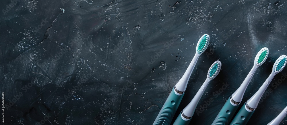 Aufkleber Electric toothbrush nozzles arranged on a dark background with space for text or other images. Copy space image. Place for adding text and design