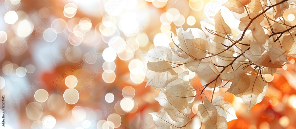 Poster Background of white to brown blooming bougainvillea flowers, creating a floral blur background with space for text. Copy space image. Place for adding text and design