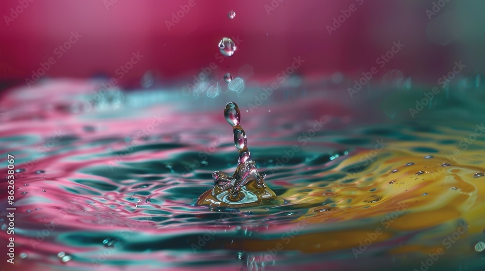 Poster a single water droplet splashes into a colorful liquid, creating ripples and a unique crown-like str