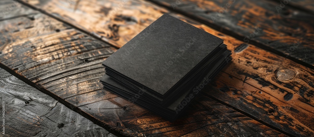 Aufkleber a mockup showcasing black business cards on a wooden backdrop, serving as a branding identity templa